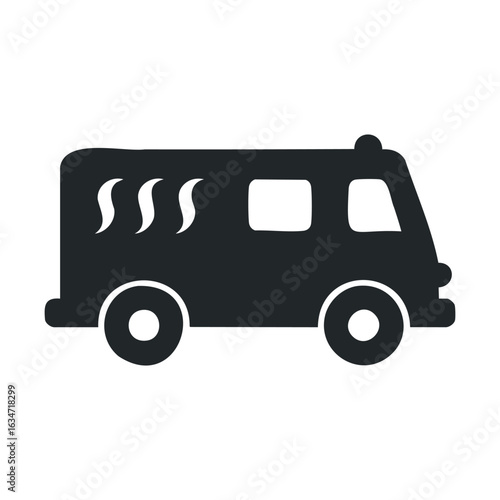 Black and white icon of a food truck with steam lines