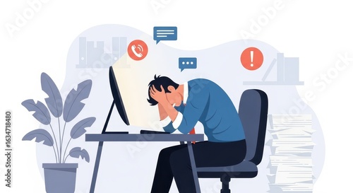 Flat illustration of a stressed and overwhelmed businessman sitting at his desk, head in hands, facing a computer screen