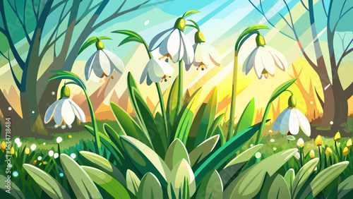 very Beautiful Snowdrops on bokeh background in sunny spring garden under sunbeams.