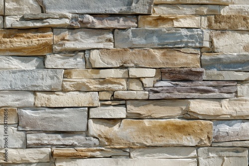 Textured background of a dry stack stone wall, featuring rectangular stones in earthy tones for building siding and architectural design.