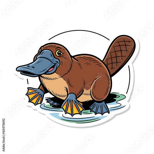 Playful Platypus: A charming cartoon illustration of a platypus emerging from the water, its unique bill and webbed feet are highlighted.