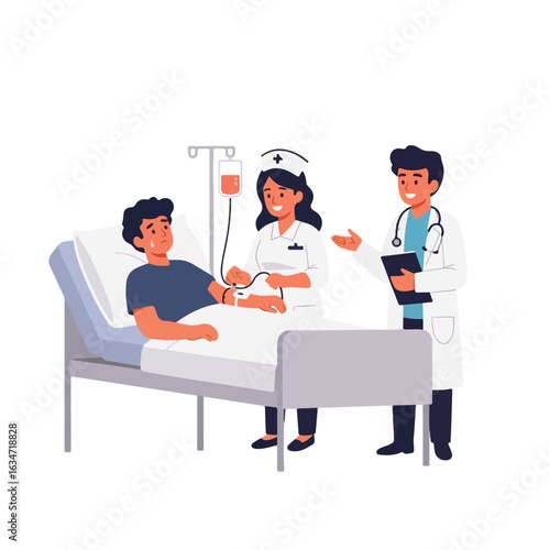 Doctor visiting young man in hospital room, flat vector illustration. Man lying in bed during hospitalization or intensive care. Isolated, flat design, white background.