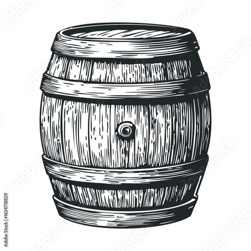 Vintage wooden barrel illustration with detailed engraving style