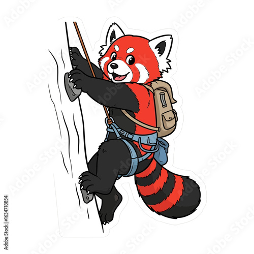 Adventurous Red Panda Climbing: A cheerful red panda with a backpack, harness, and ropes is courageously ascending a rock face, embodying adventure.