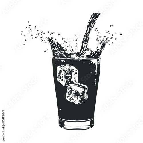 Splashing beverage pouring over ice cubes in glass with splash effect