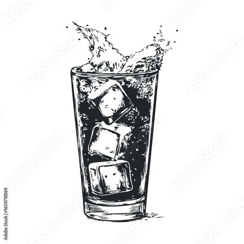 Splashing ice cubes in tall glass with soda on white background