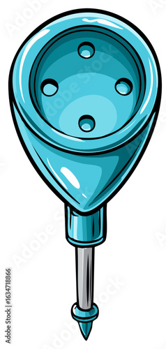 Cartoon style illustration of a light blue soil moisture meter with a pointed tip