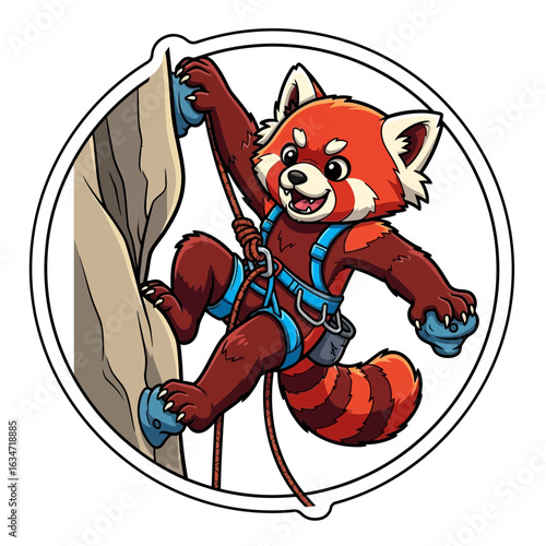 Red Panda Climber: A dynamic cartoon depicts a spirited red panda enthusiastically scaling a rock face.