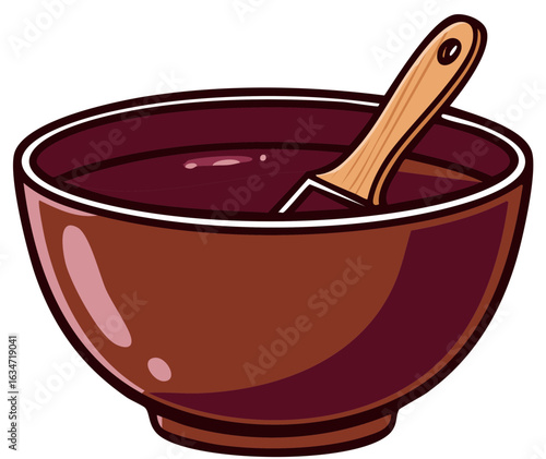 Illustration of a brown bowl filled with dark red liquid and a wooden spoon resting inside