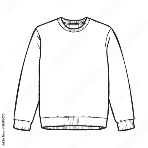 Black and white sketch of a crew neck sweatshirt with ribbed cuffs and hem