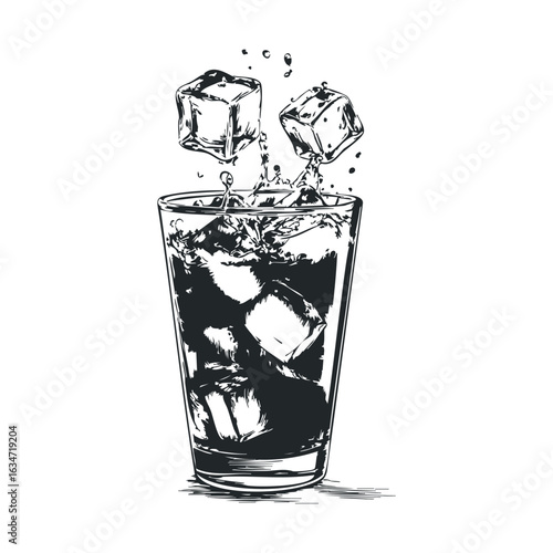 Dynamic splash of ice cubes in a glass of water