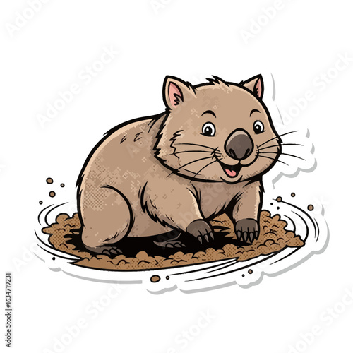 Cheerful Wombat Cartoon: This charming illustration presents a delightful wombat in a playful pose, smiling and happy, a cartoon full of joy and sweetness.