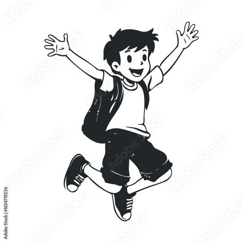 Happy cartoon boy jumping with backpack