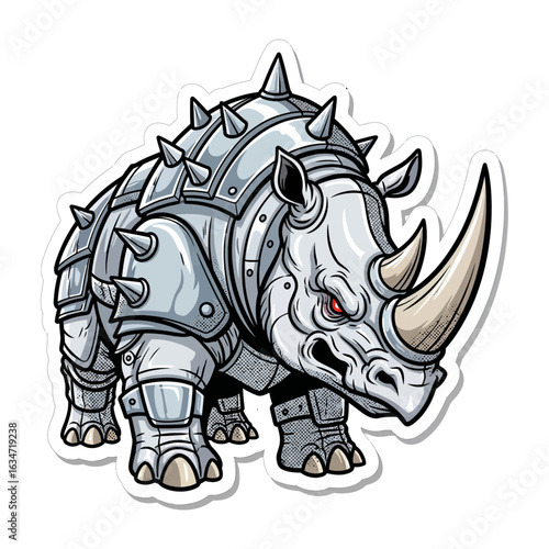 Armored Rhino: A stylized illustration presents a formidable rhinoceros clad in shining steel armor.