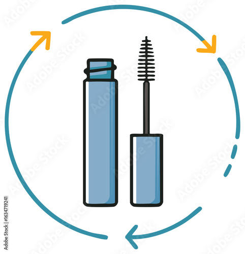 Mascara tube and wand with circular arrows for daily beauty or cosmetic use icon