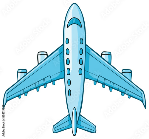 Top view illustration of a blue cartoon passenger airplane representing travel and aviation