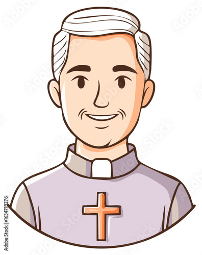 Cartoon illustration of a smiling priest with a cross on his shirt
