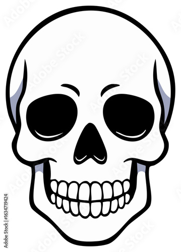Line art illustration of a spooky skull with black eye sockets and teeth