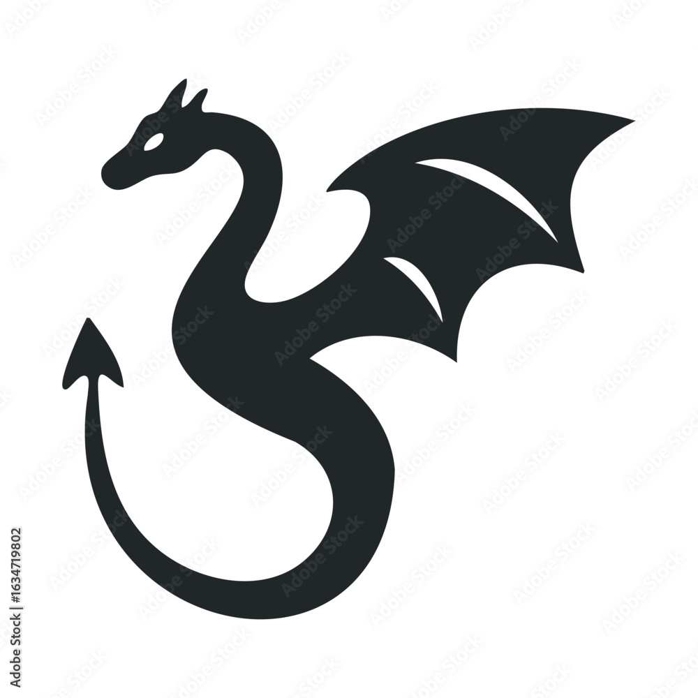 Fototapeta premium Silhouette of a mythical dragon with wings and curved tail on white background