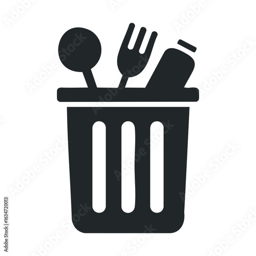 Black silhouette of trash can with spoon, bottle, and fork