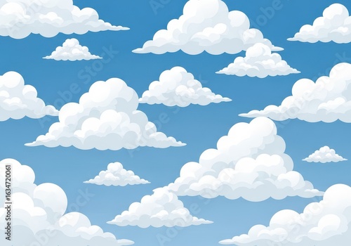Flat illustration of a bright blue sky filled with numerous fluffy white cumulus clouds on a clear day