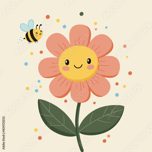 Cheerful flower with smiling face and buzzing bee on pastel background  