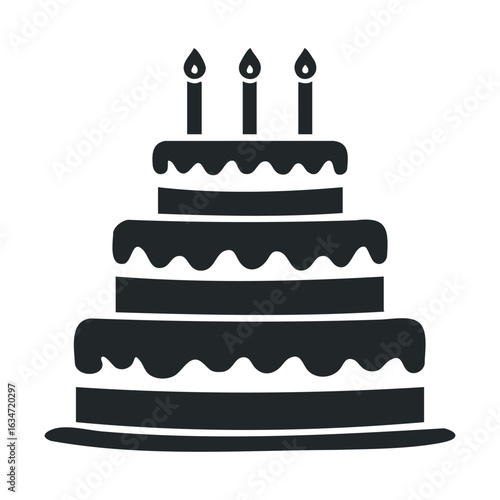 Simple black and white birthday cake icon with three lit candles