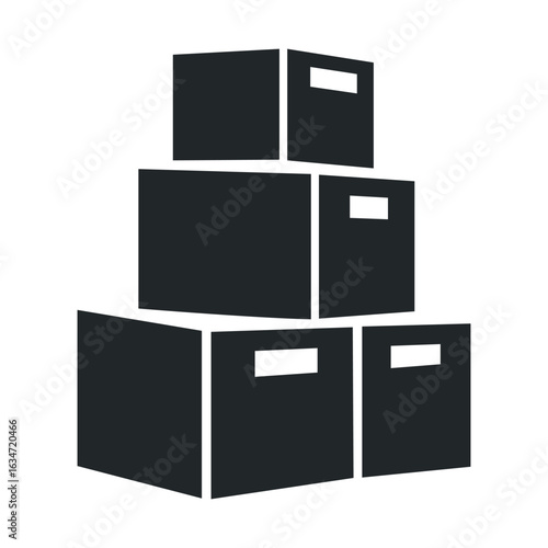 Stack of black cardboard boxes on white background