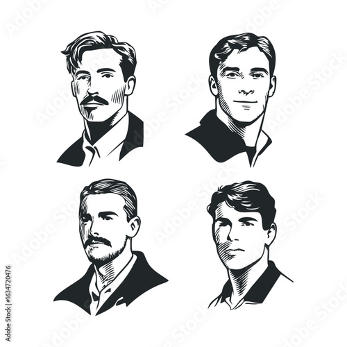 Illustration of four young caucasian males with varied hairstyles and expressions
