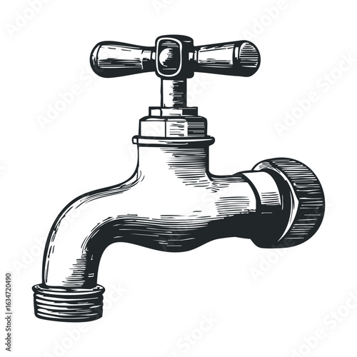 Vintage metal water faucet illustration with cross handle and detailed design