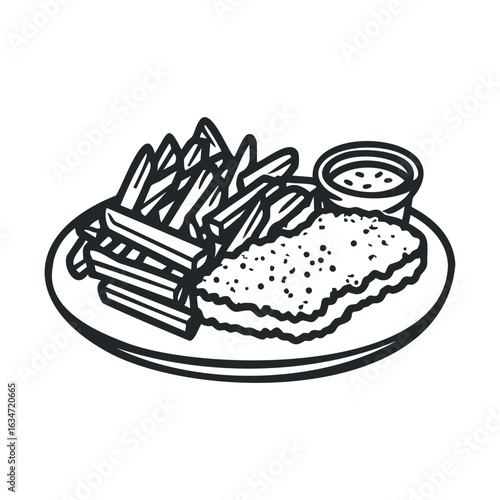 Illustration of fish and chips with dipping sauce on plate