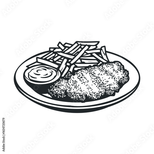 Illustration of fish and chips with dipping sauce on plate