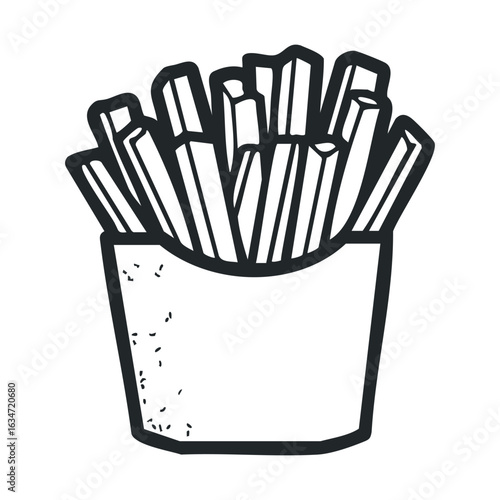 Black and white sketch of french fries in cardboard box