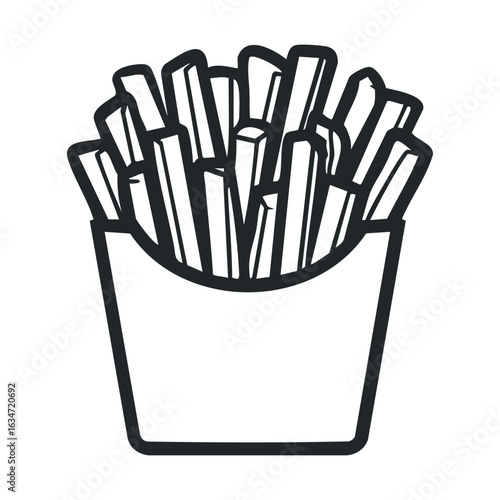 Black and white illustration of french fries in a box