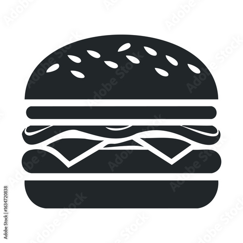 Classic burger icon: minimalist black and white hamburger illustration with cheese and sesame seed bun