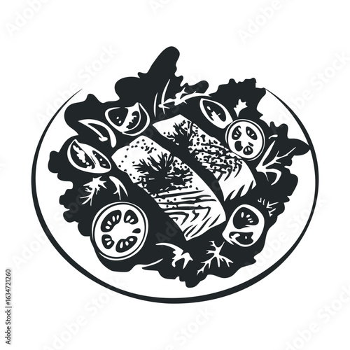 Grilled salmon with seasoning on fresh vegetable salad plate