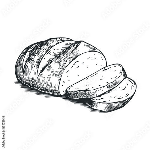 Rustic hand-drawn loaf of bread with slices on white background