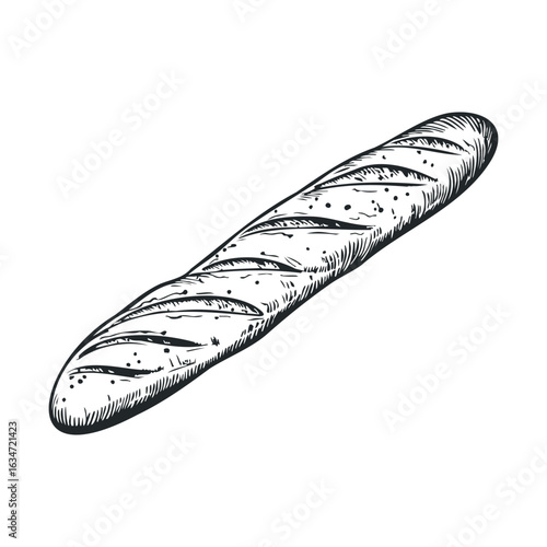 Detailed black and white illustration of a traditional french baguette