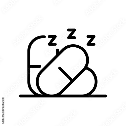 Sleeping Pills Outline Icon. Sleep Aid Medication. Nighttime Rest And Relaxation. Insomnia Relief Line Symbol. Isolated Vector Illustration, isolated on white background.
