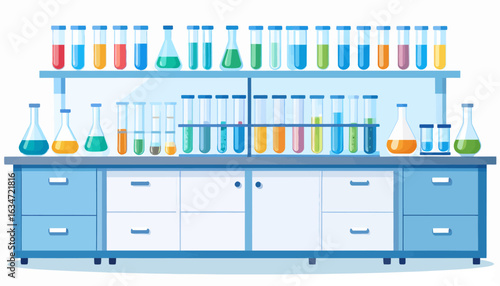 Colorful Chemistry: Laboratory Bench with Glassware and Solutions