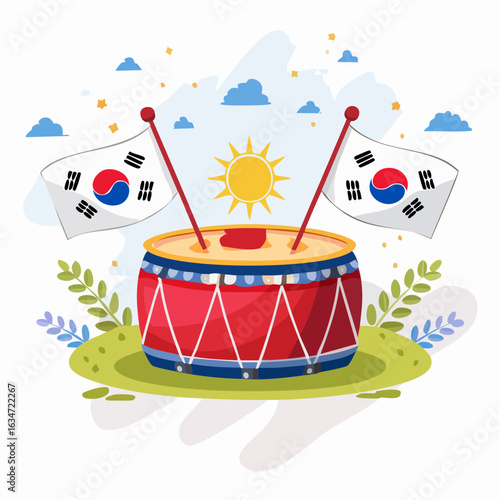 A vibrant illustration of a Korean cultural celebration featuring a traditional drum with South Korean flags under a sunny sky.