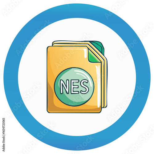 NES File Cartoon Icon, Stacked Documents, Archival Papers,  Vector Illustration, Retro Style, Blue Border Frame, Vector Graphics
