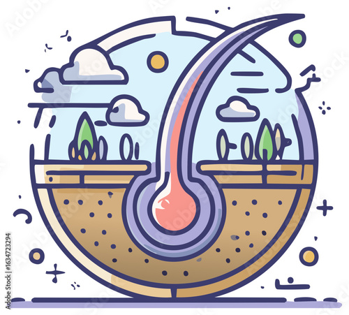 Stylized hair structure illustration showing the root and hair follicle with nature elements