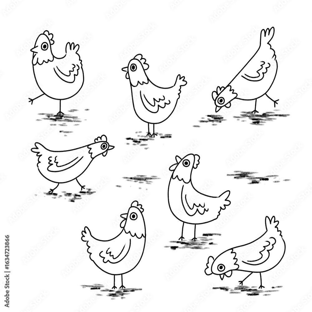 Fototapeta premium hand-drawn collection of whimsical chicken, rooster, hen, and chick illustrations. agriculture, poultry farming, rural life, and rustic decor