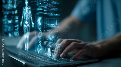 Person typing on laptop displaying futuristic human body and dna data visualization