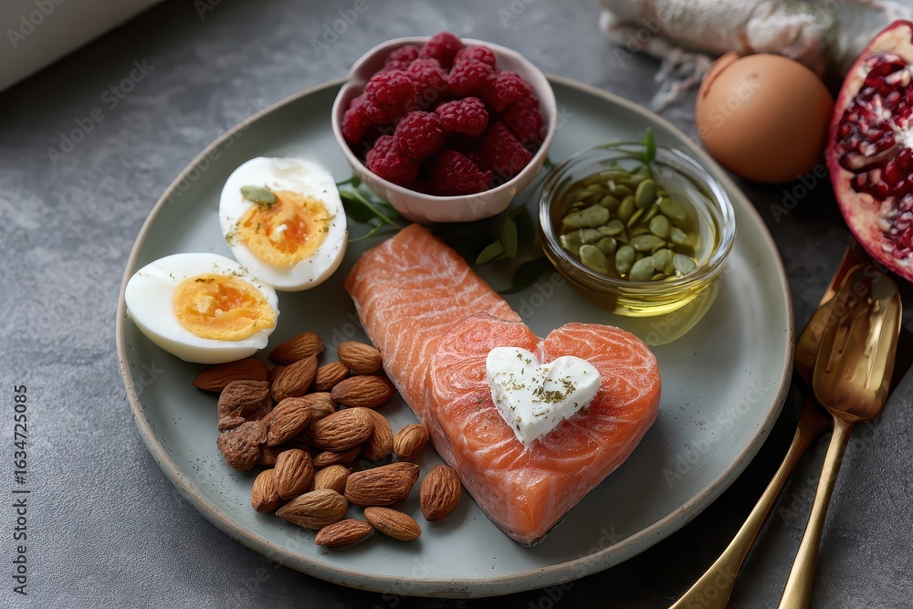 custom made wallpaper toronto digitalHealthy flat lay composition with salmon, eggs, nuts, and fresh fruits for nutritious meal prep