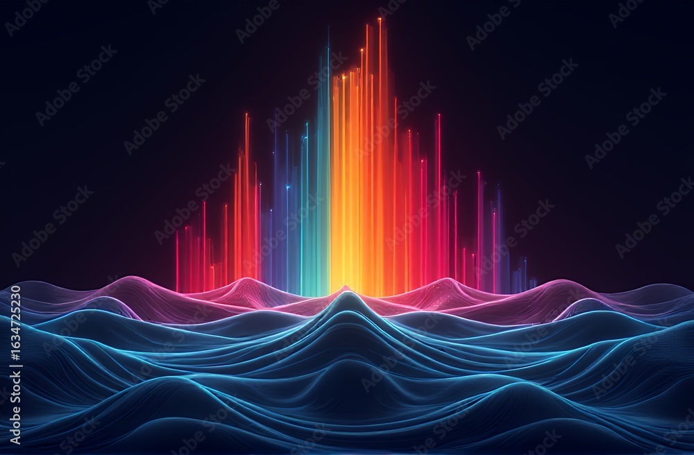 Fototapeta premium Abstract Rainbow Light Pillars Over Wavy Landscape