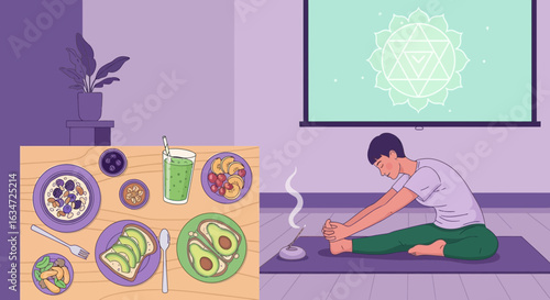 Illustration depicting a woman practicing yoga in a room with healthy food on a table