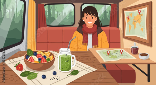 Cozy camper van lifestyle with a healthy meal and travel planning exploration view