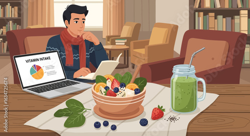 A man checks his vitamin intake with a laptop while enjoying a healthy meal and smoothie
